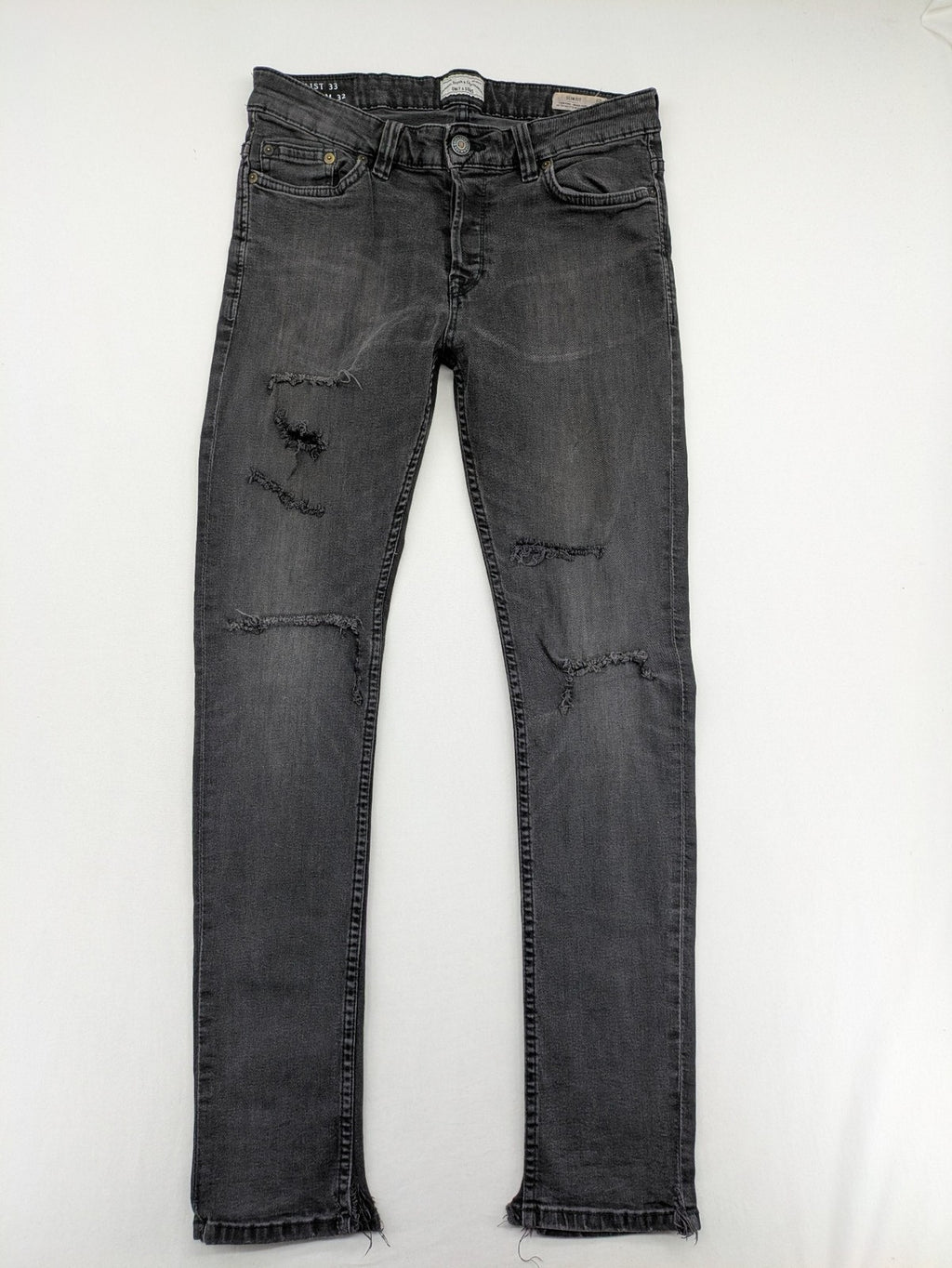 Only & Sons grey slim fit jeans with ripped details and open hem, stretch denim.