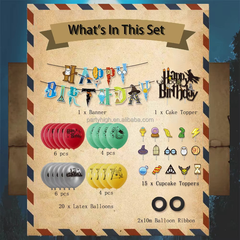 XXL Harry Potter birthday decoration set red and yellow with wizard-themed balloons and banner.
