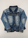 TREDY blue denim jacket with sequins, lace trim, and fitted design.