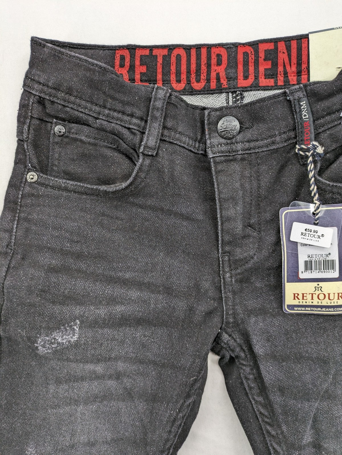 Skinny black straight jeans with distressed details and logo, made from durable denim.