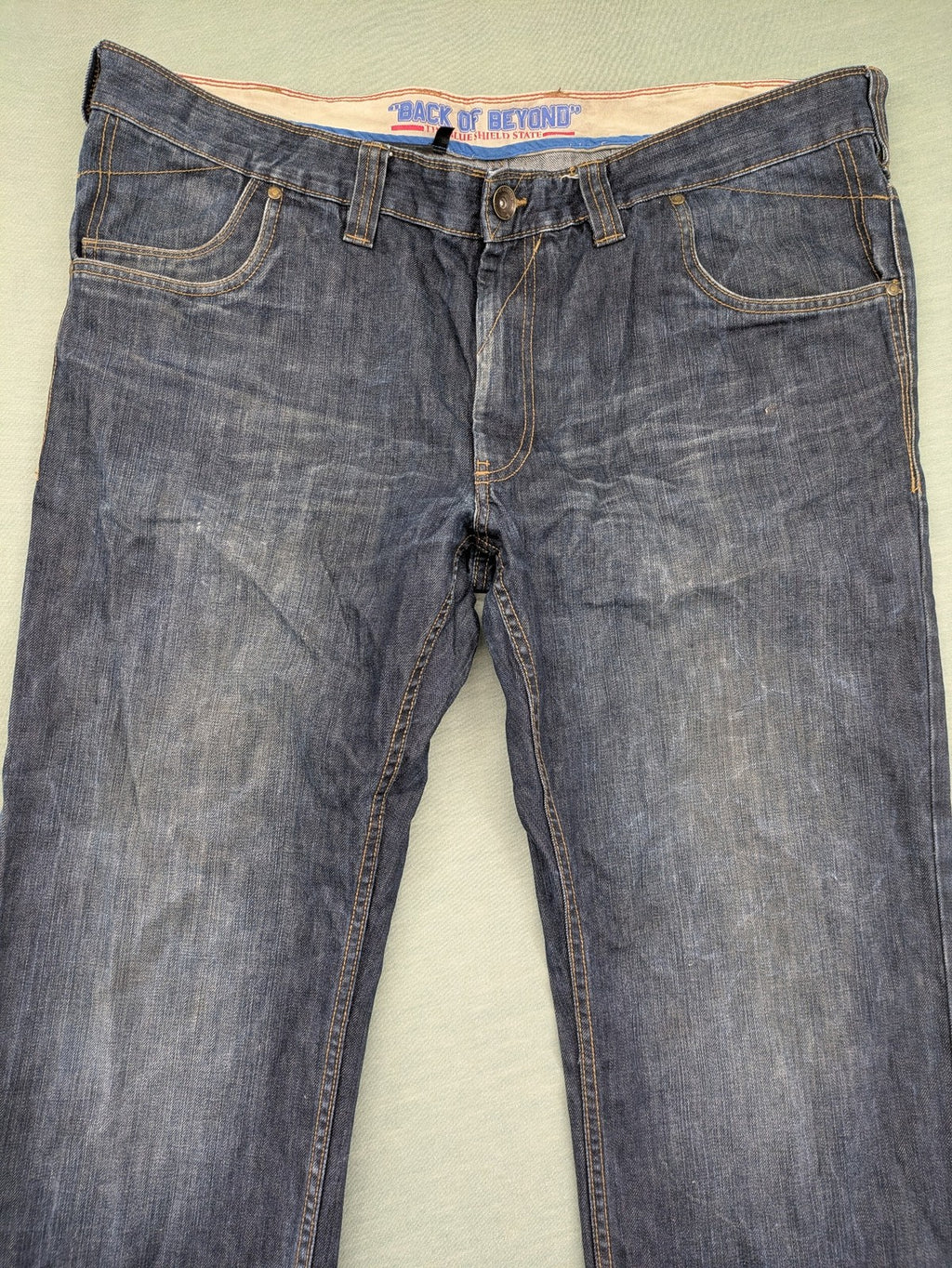 Back Of Beyond blue straight jeans 5-pocket design with classic denim wash.