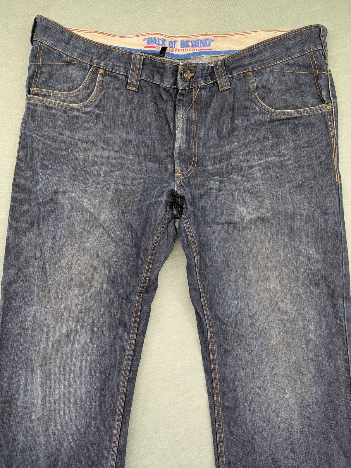 Back Of Beyond blue straight jeans 5-pocket design with classic denim wash.