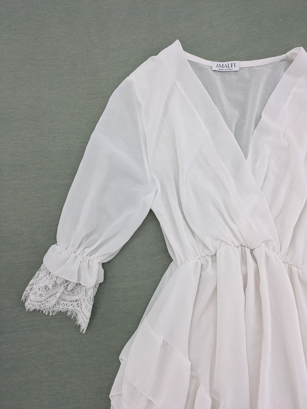 Amalfi white bridal party dress V-neck layered ruffles with lace trim sleeves