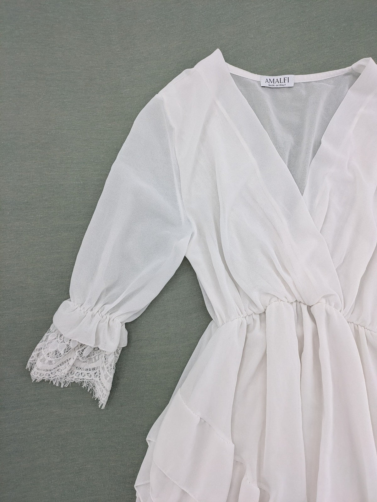 Amalfi white bridal party dress V-neck layered ruffles with lace trim sleeves