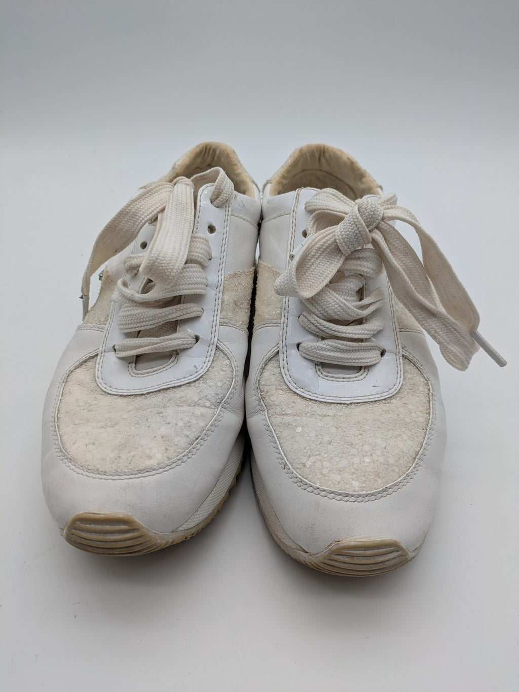 Michael Kors multi sneaker white leather and cream textile with silver logo details.