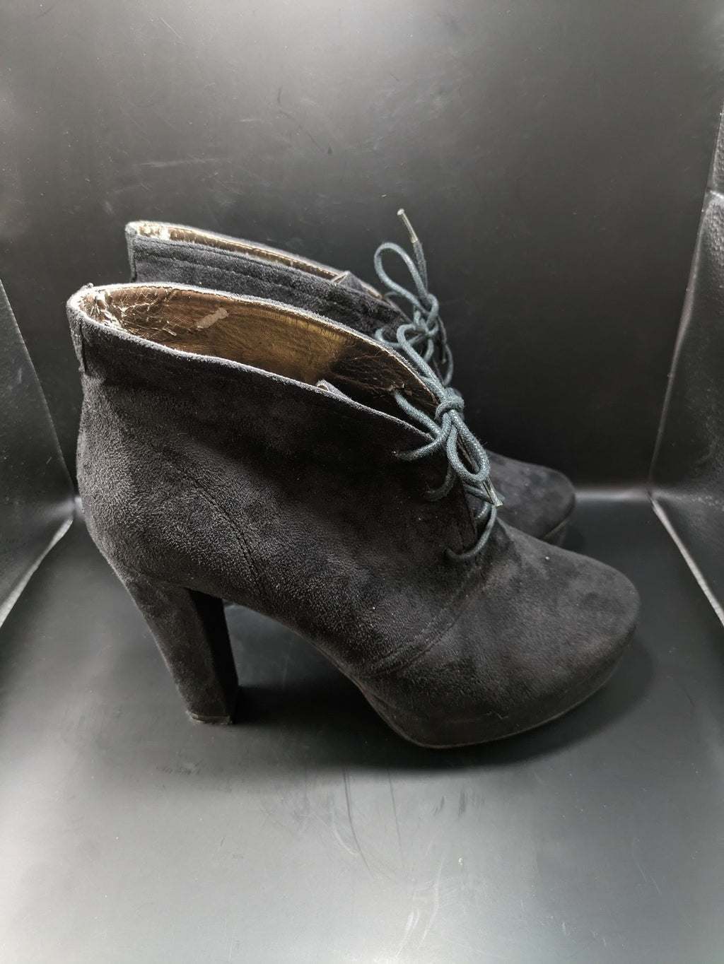PearlZ black ankle boots faux suede block heel front lace-up detail