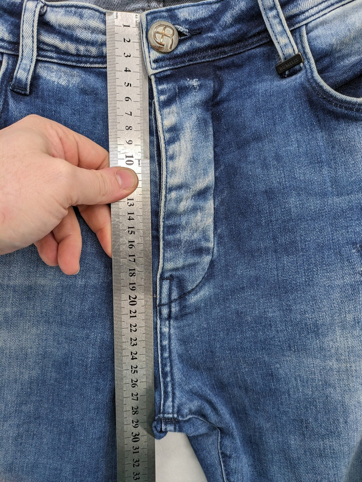 W32 blue straight jeans distressed details tapered fit button fly design
