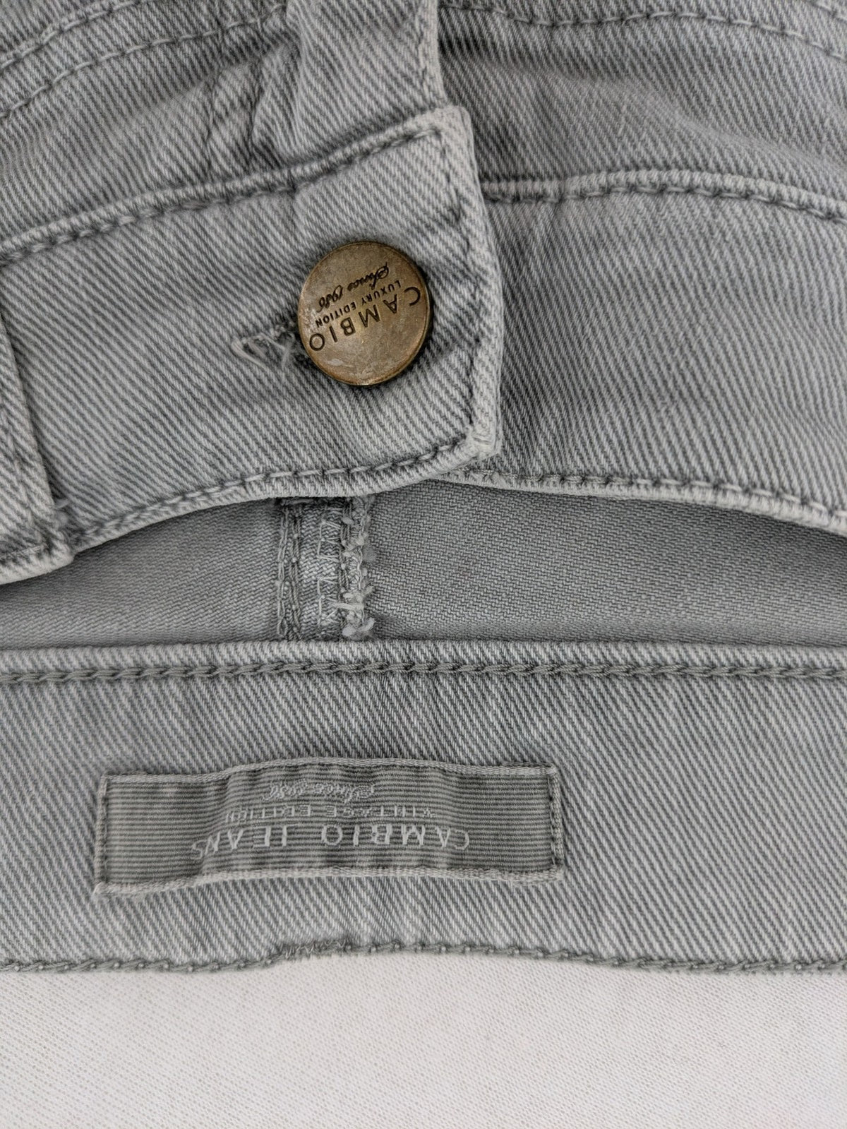 Cambio grey straight leg jeans with five-pocket design and logo button closure.