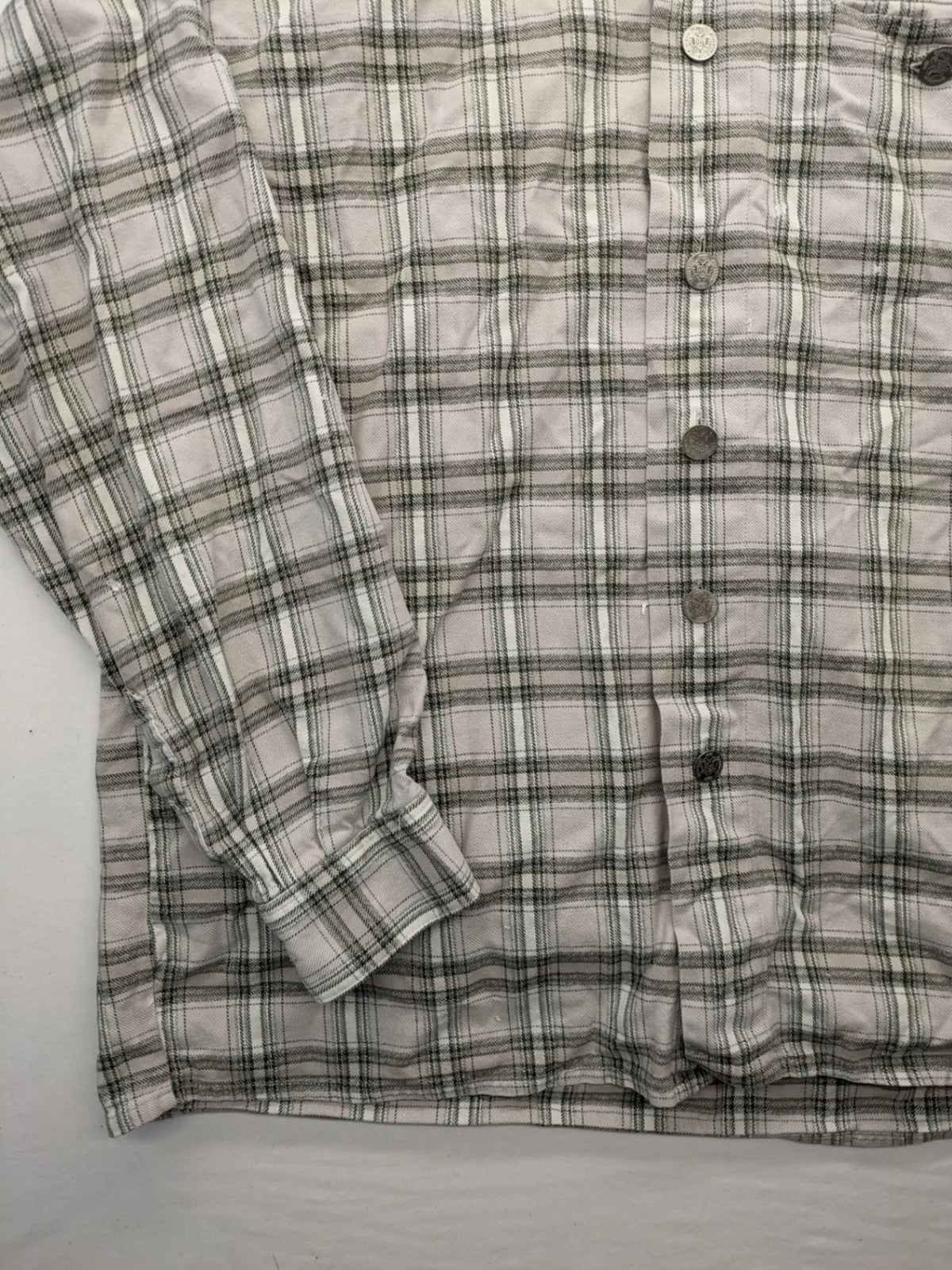 OS Trachten beige green checkered long sleeve shirt with button-up front and chest pocket.