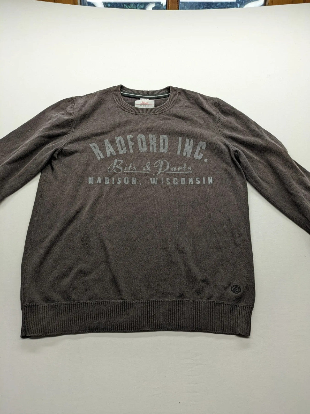 s.Oliver brown turtle neck jumper with "Radford Inc." graphic print and ribbed cuffs.