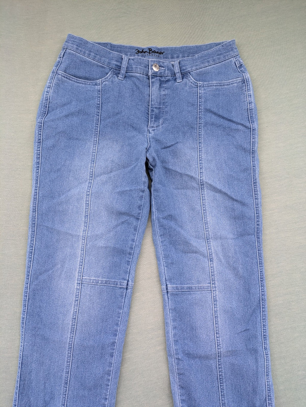 john baner blue straight jeans with decorative seams and button accents, stretch cotton blend