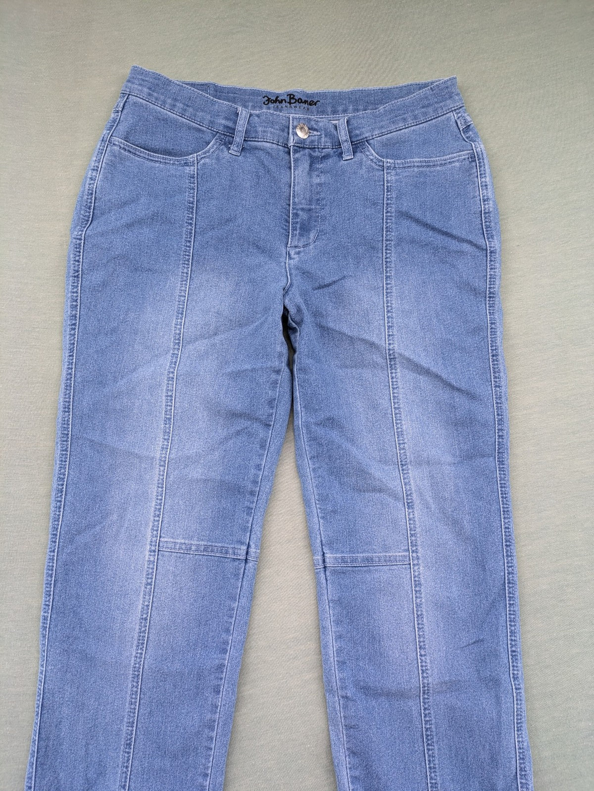 john baner blue straight jeans with decorative seams and button accents, stretch cotton blend