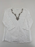 Canda white tunic top with embroidered V-neck, pearl and sequin details, 3/4 sleeves.