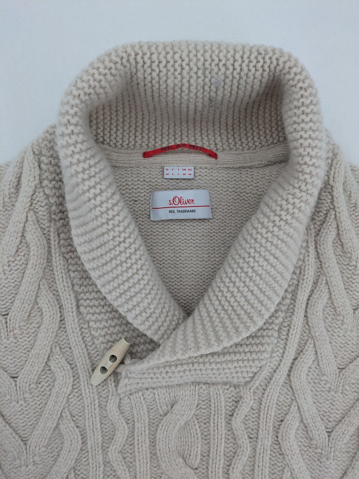 s.Oliver beige turtle neck jumper with cable knit pattern and toggle button detail