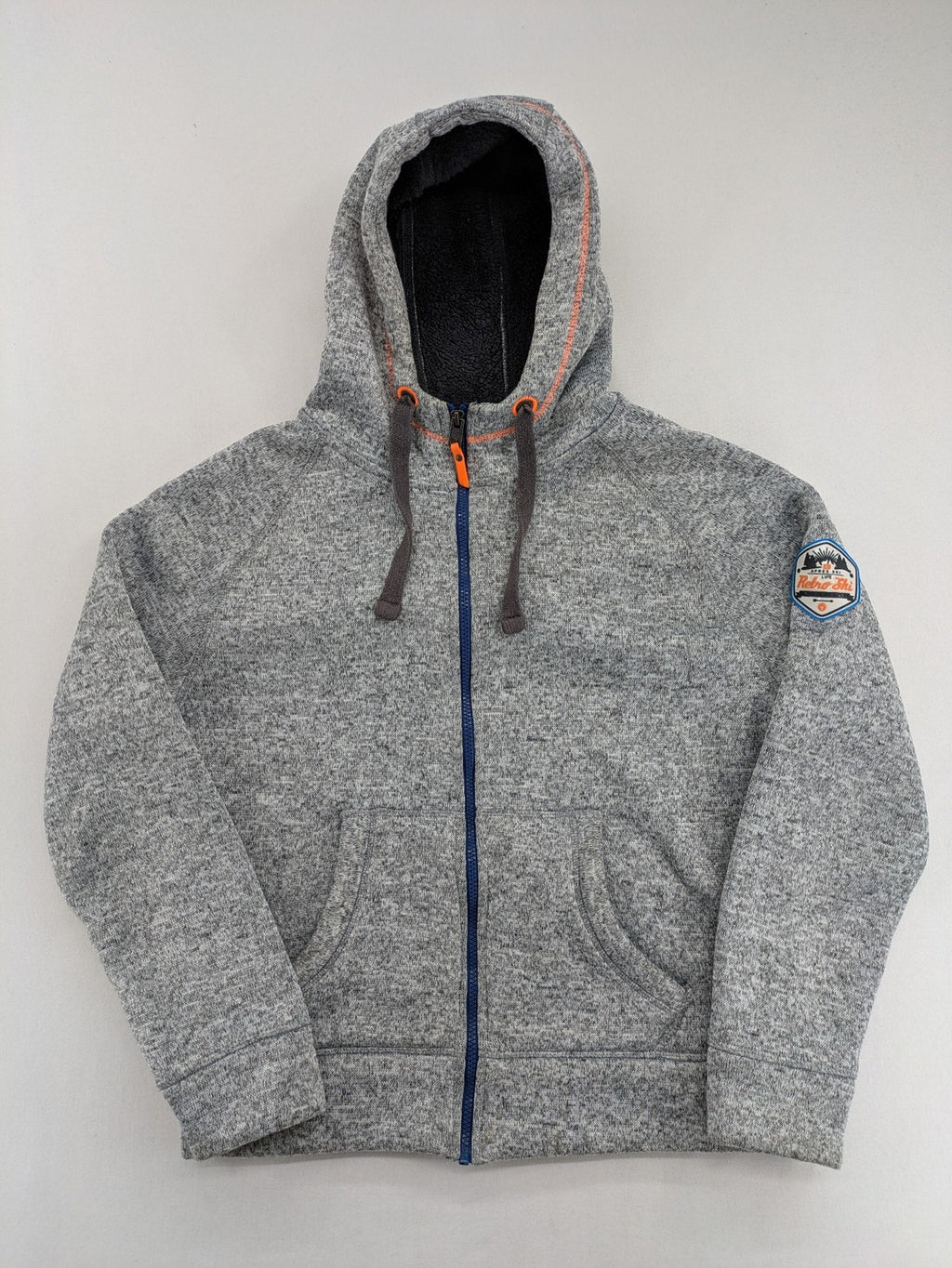 Angelo Litrico grey hoodie with teddy fleece lining, adjustable hood, and retro ski patch.