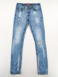 Milano straight jeans light blue distressed with red splatter and extra slim fit.