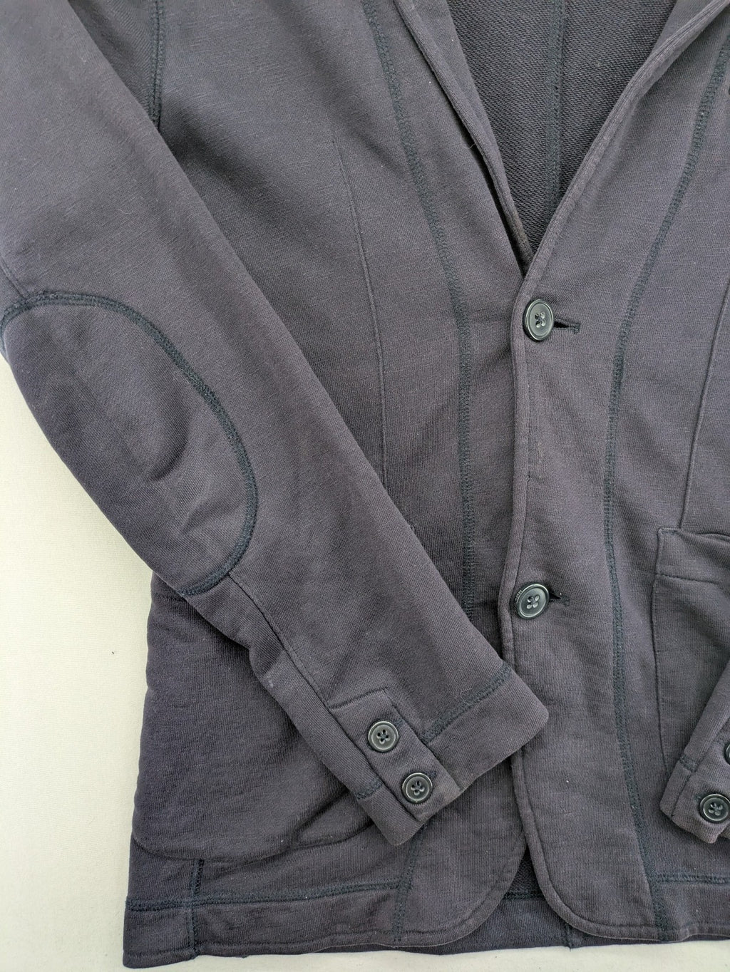 Marc O'Polo grey sweatblazer jacket, structured organic cotton, elbow patches, striped inner lining.