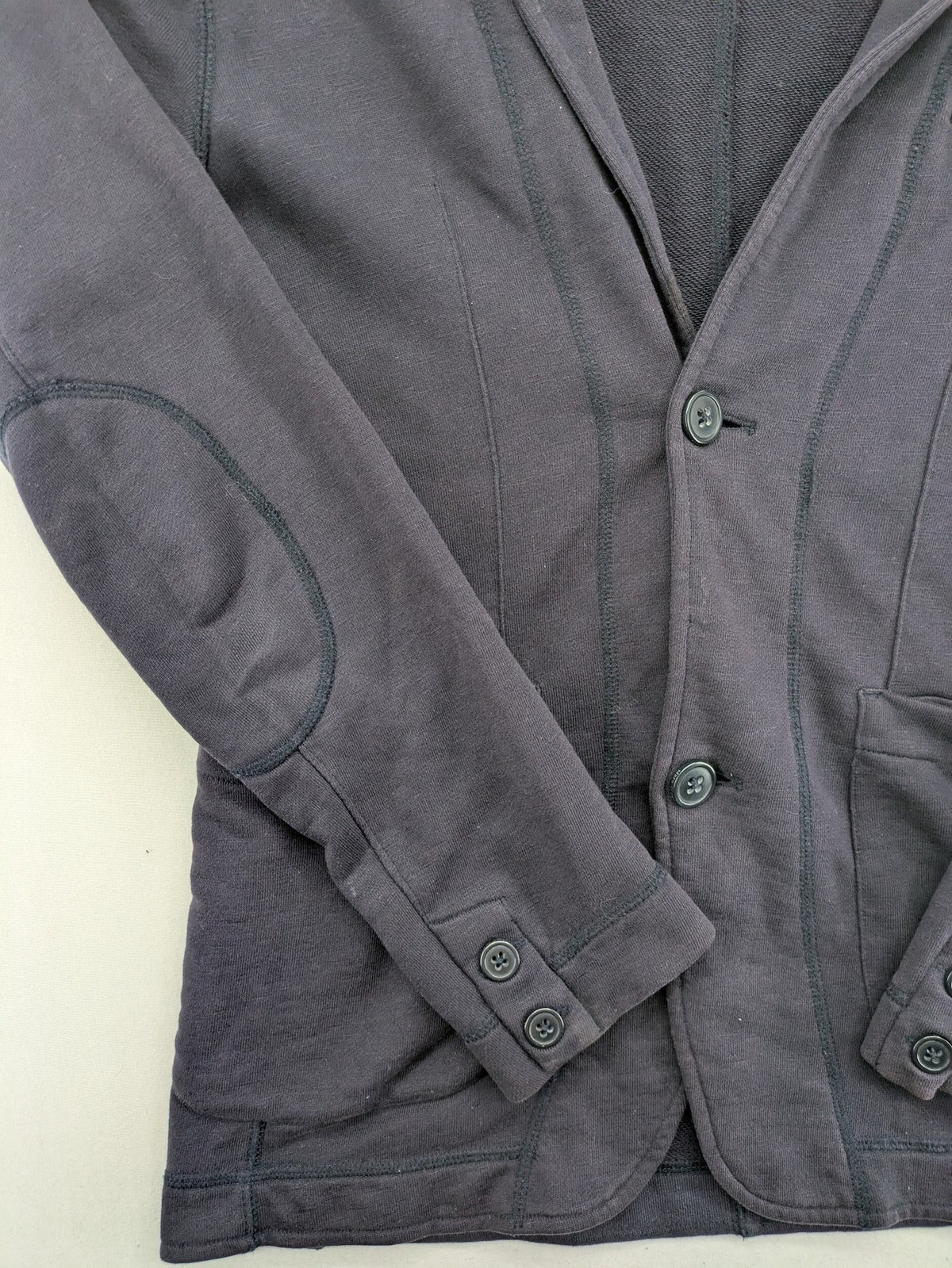 Marc O'Polo grey sweatblazer jacket, structured organic cotton, elbow patches, striped inner lining.