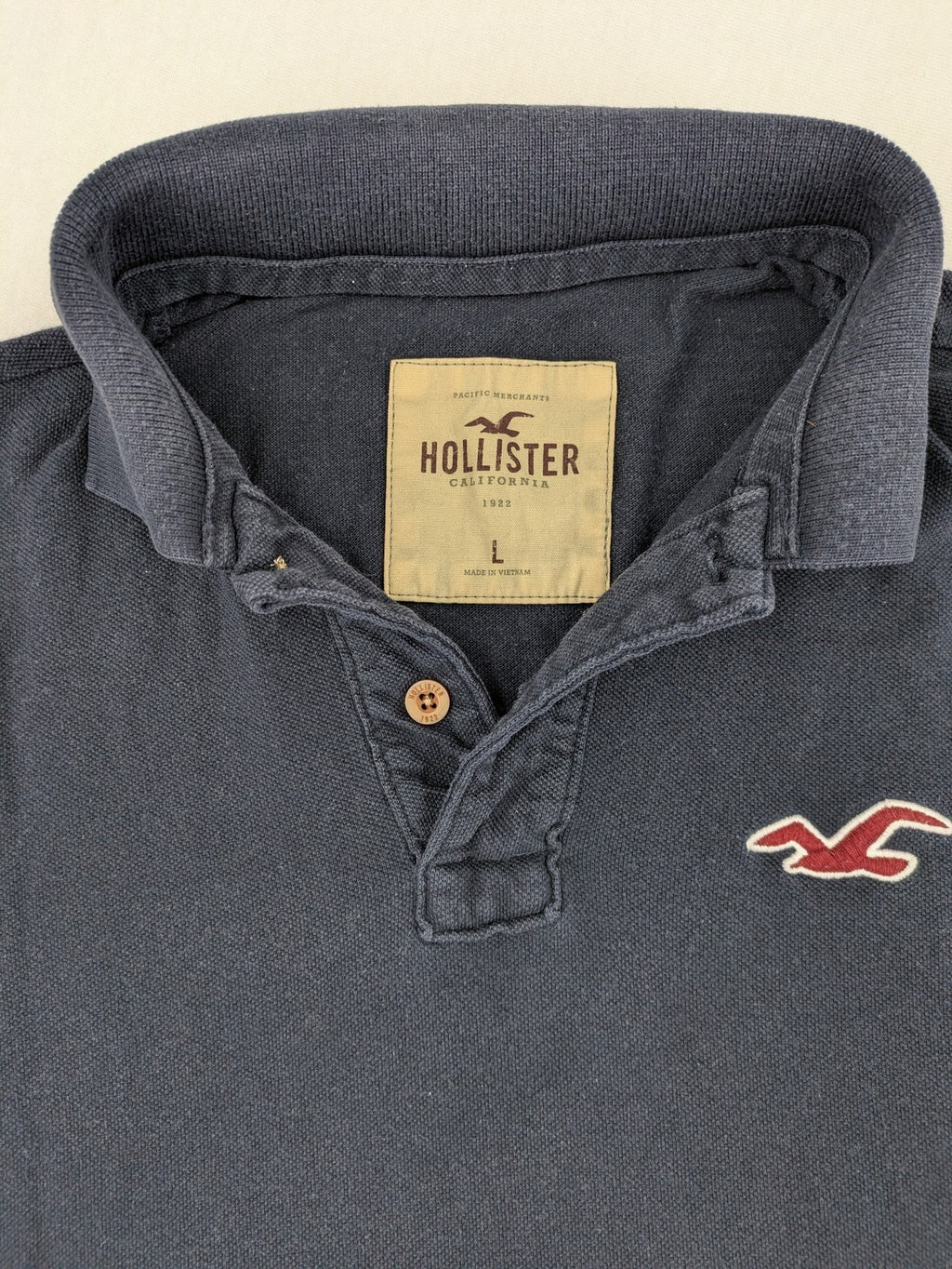 Hollister navy polo shirt with embroidered seagull logo and classic collar.