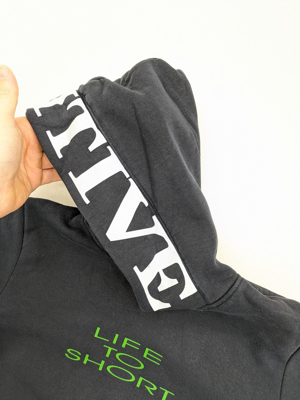 Bahamax zip-through hoodie grey with green hood, "Life To Short" print, and unique sleeve embroidery.
