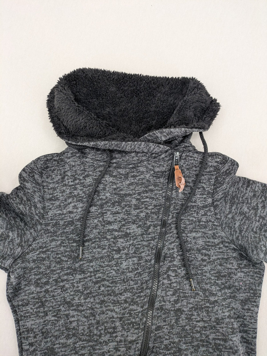 BLIND DATE grey asymmetrical zip hoodie with high fleece-lined waterfall collar.