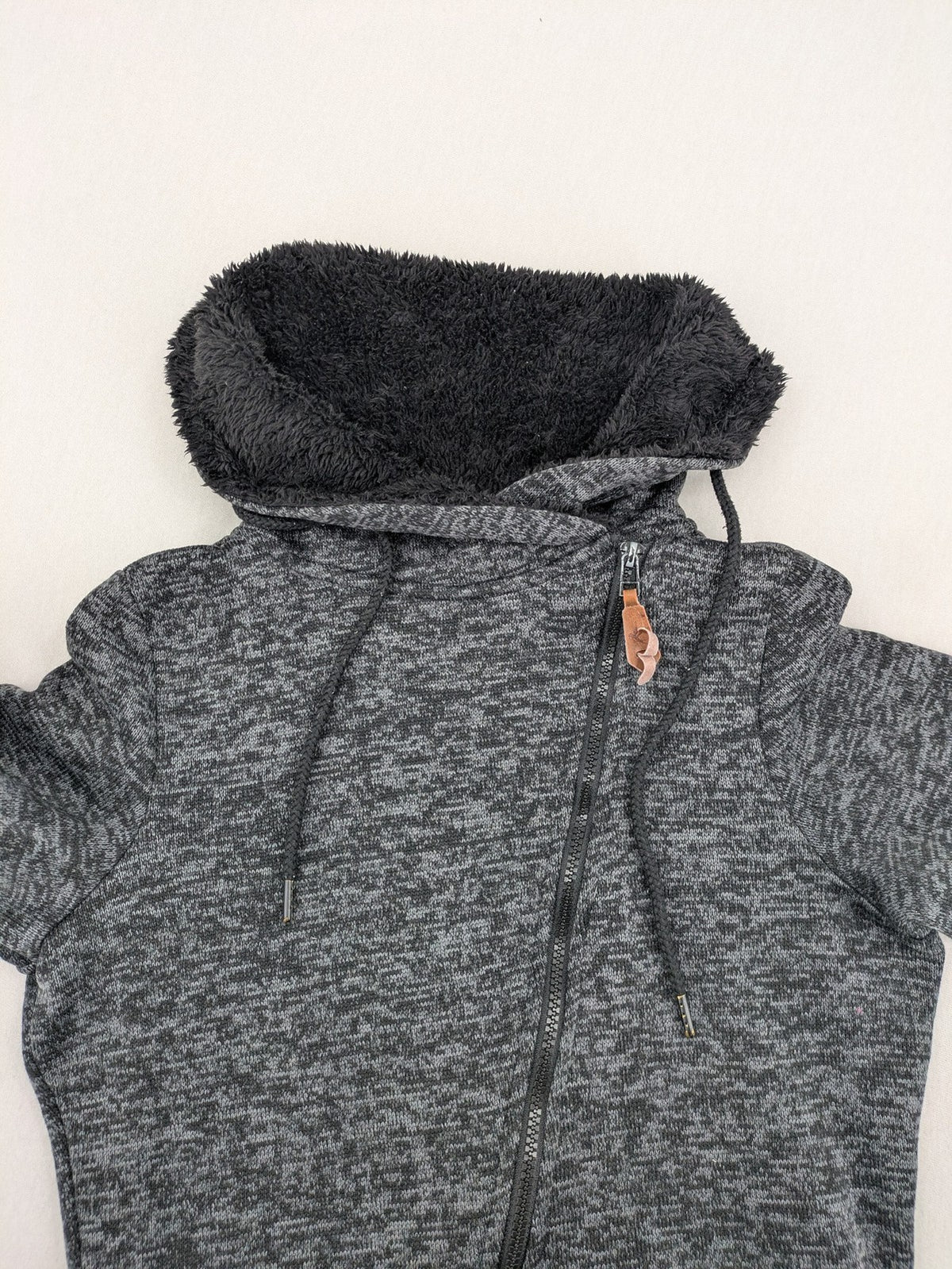 BLIND DATE grey asymmetrical zip hoodie with high fleece-lined waterfall collar.