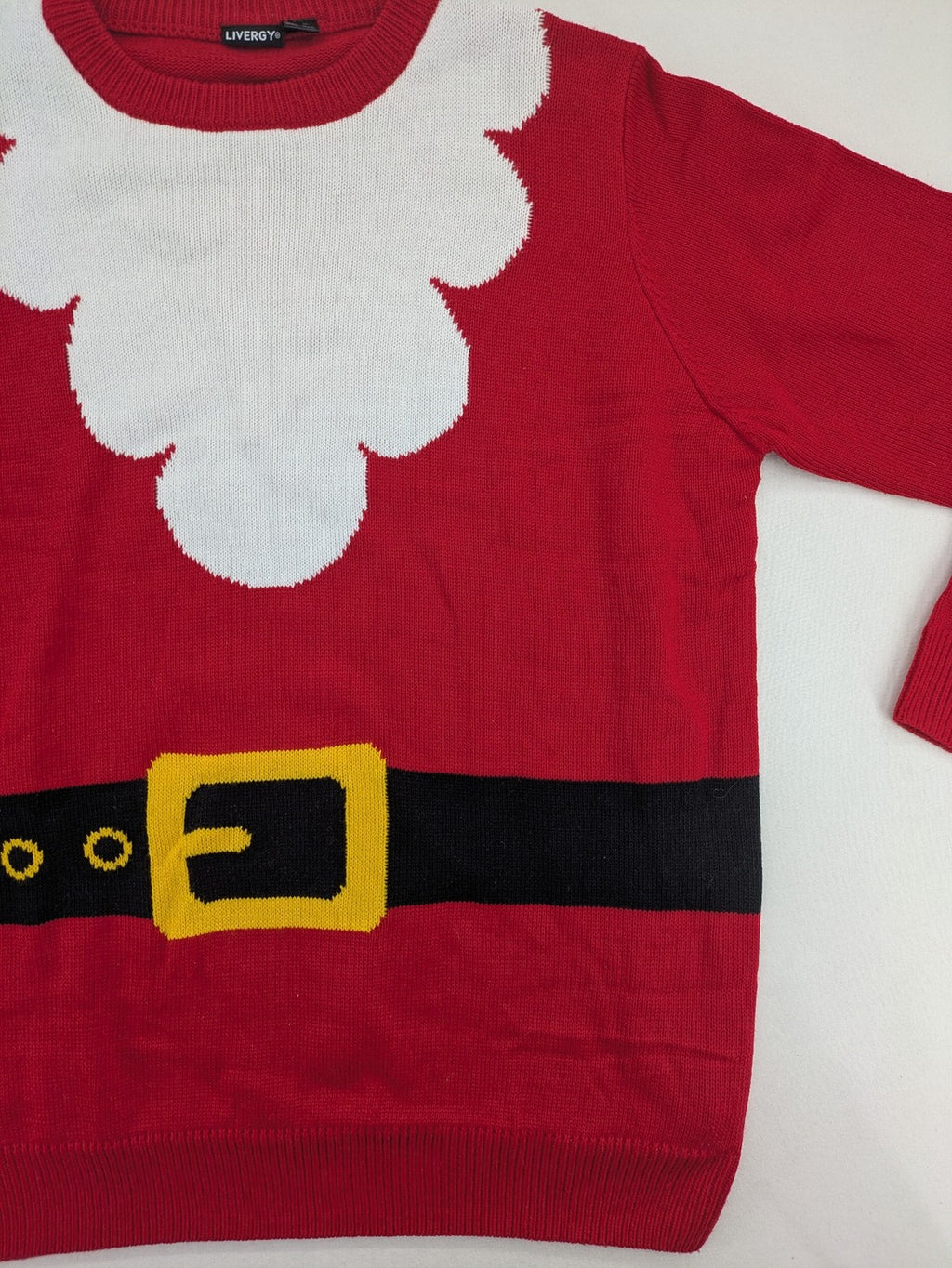 Livergy red turtle neck jumper festive Santa design with white collar and belt pattern.
