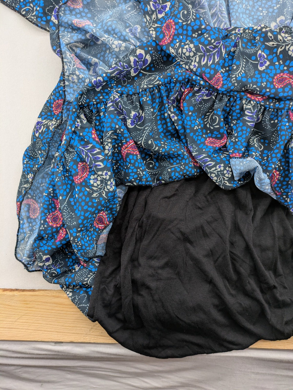 BSB multi-coloured bridal party dress with floral paisley pattern and ruffled hem.