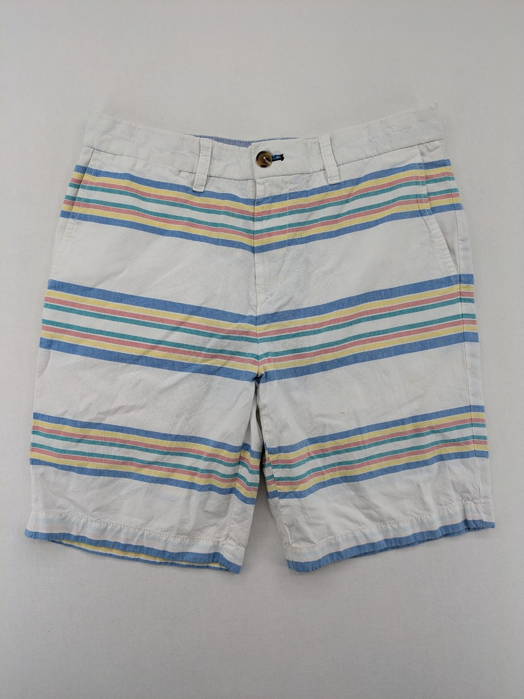 Tommy Hilfiger chino shorts blue and green striped pattern with iconic flag logo.