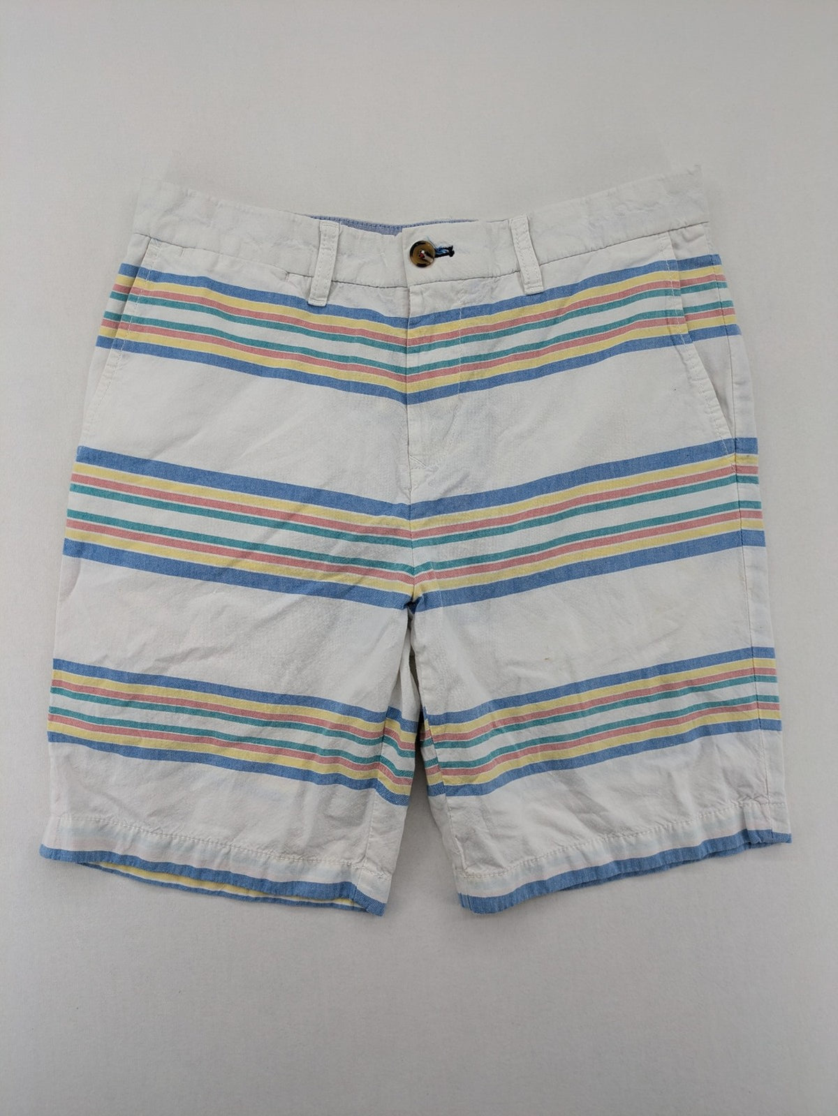 Tommy Hilfiger chino shorts blue and green striped pattern with iconic flag logo.