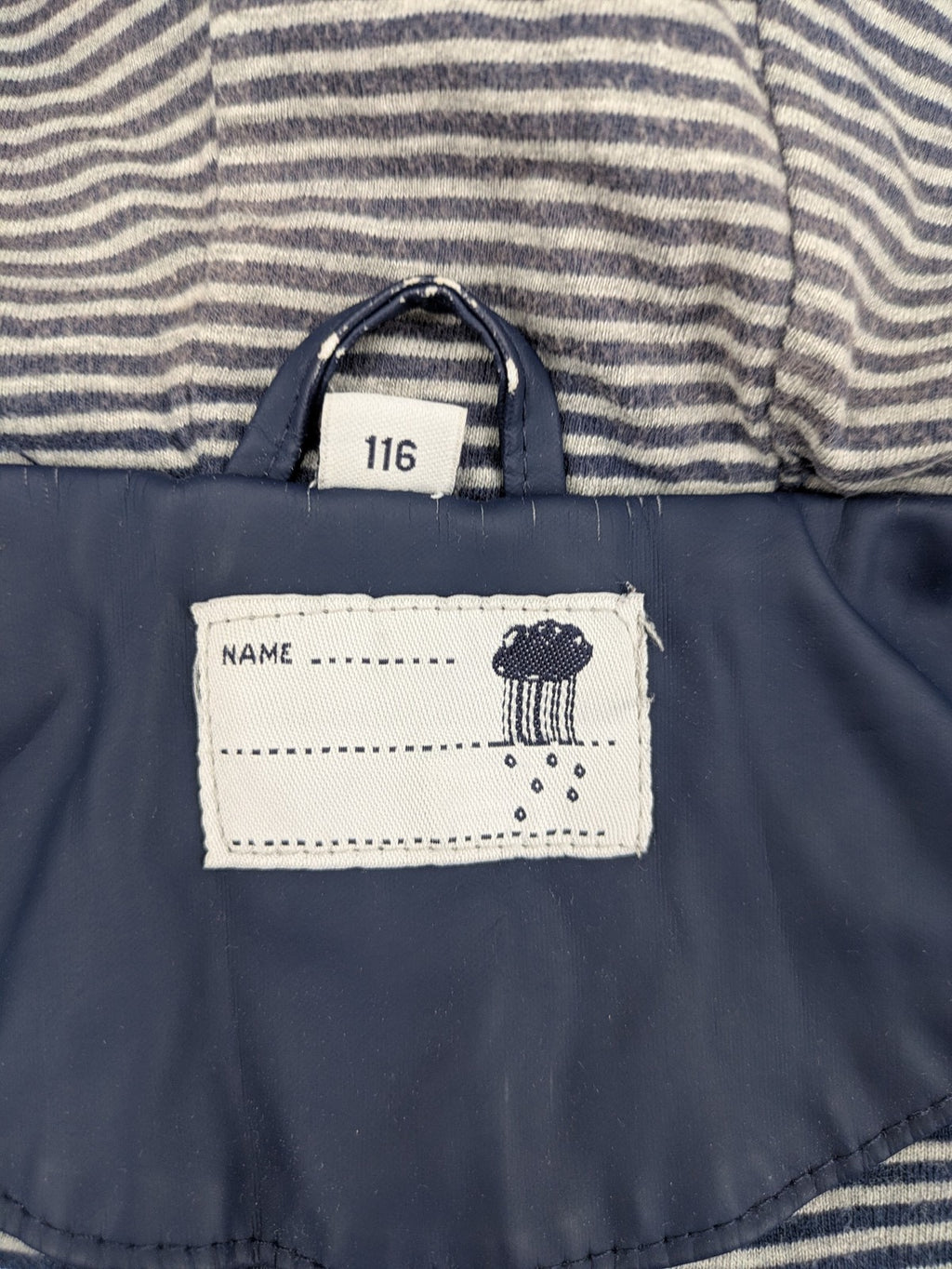 Pocopiano navy raincoat with striped lining and waterproof exterior, classic fisherman style.