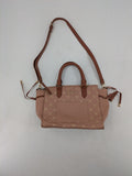 Catwalk gold handbag with pink and brown monogram pattern, adjustable shoulder strap.