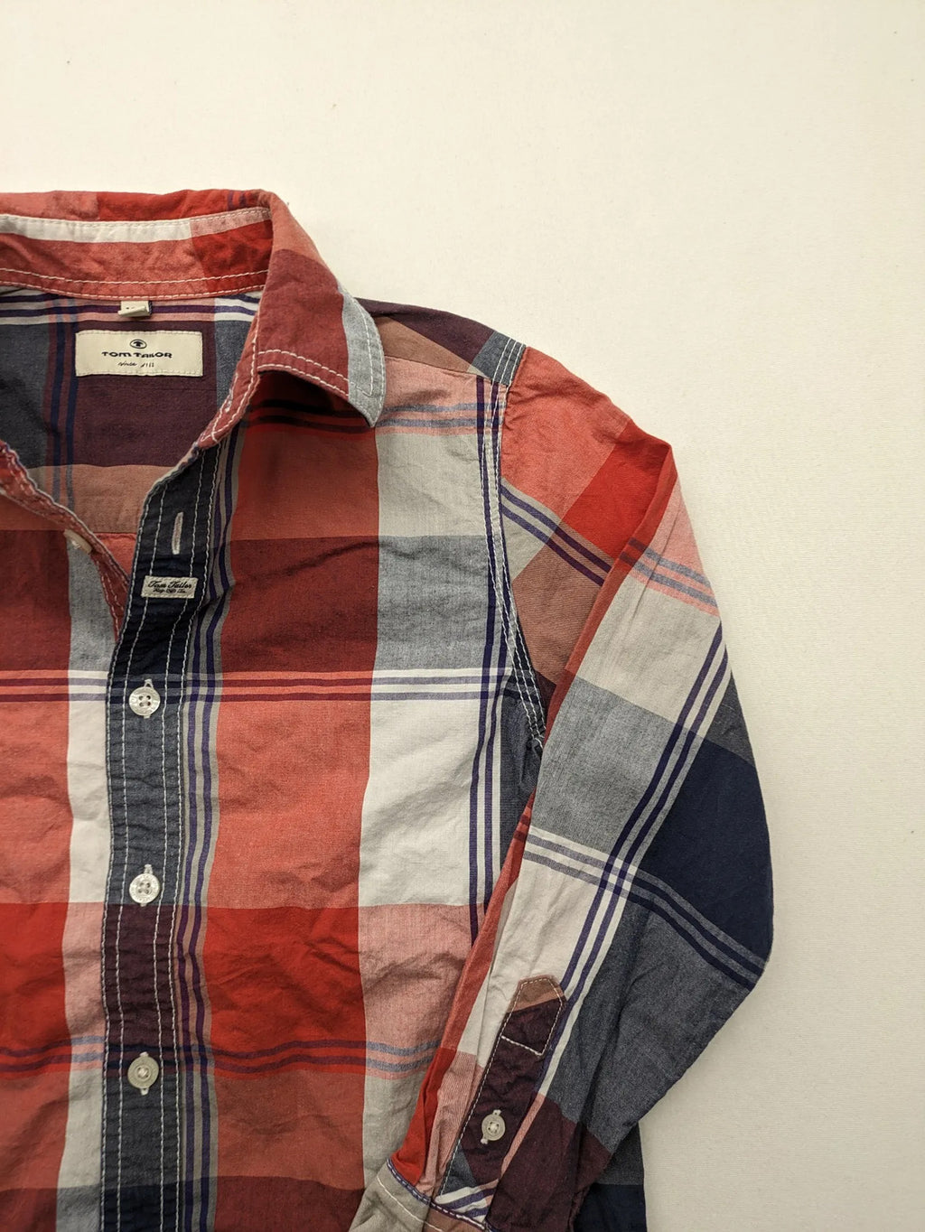 Tom Tailor baby jacket cream with red, white, and blue check pattern, button-down front.