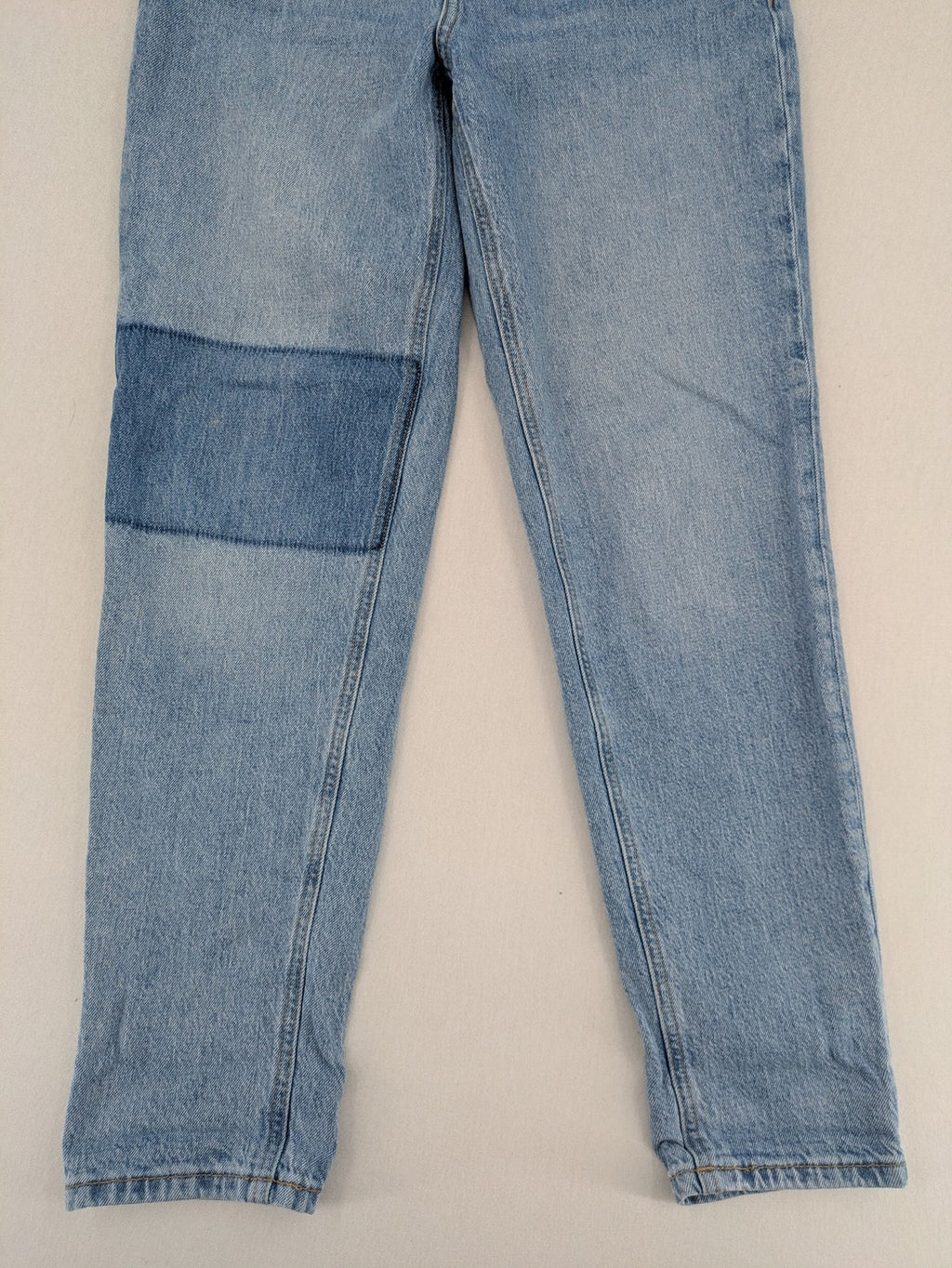 C&A blue mom jeans high waist with unique patchwork design and soft stretch denim.