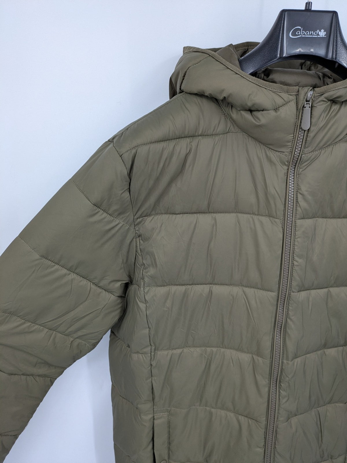 up2 fashion khaki puffer jacket with fixed hood, lightweight quilted design, full zipper