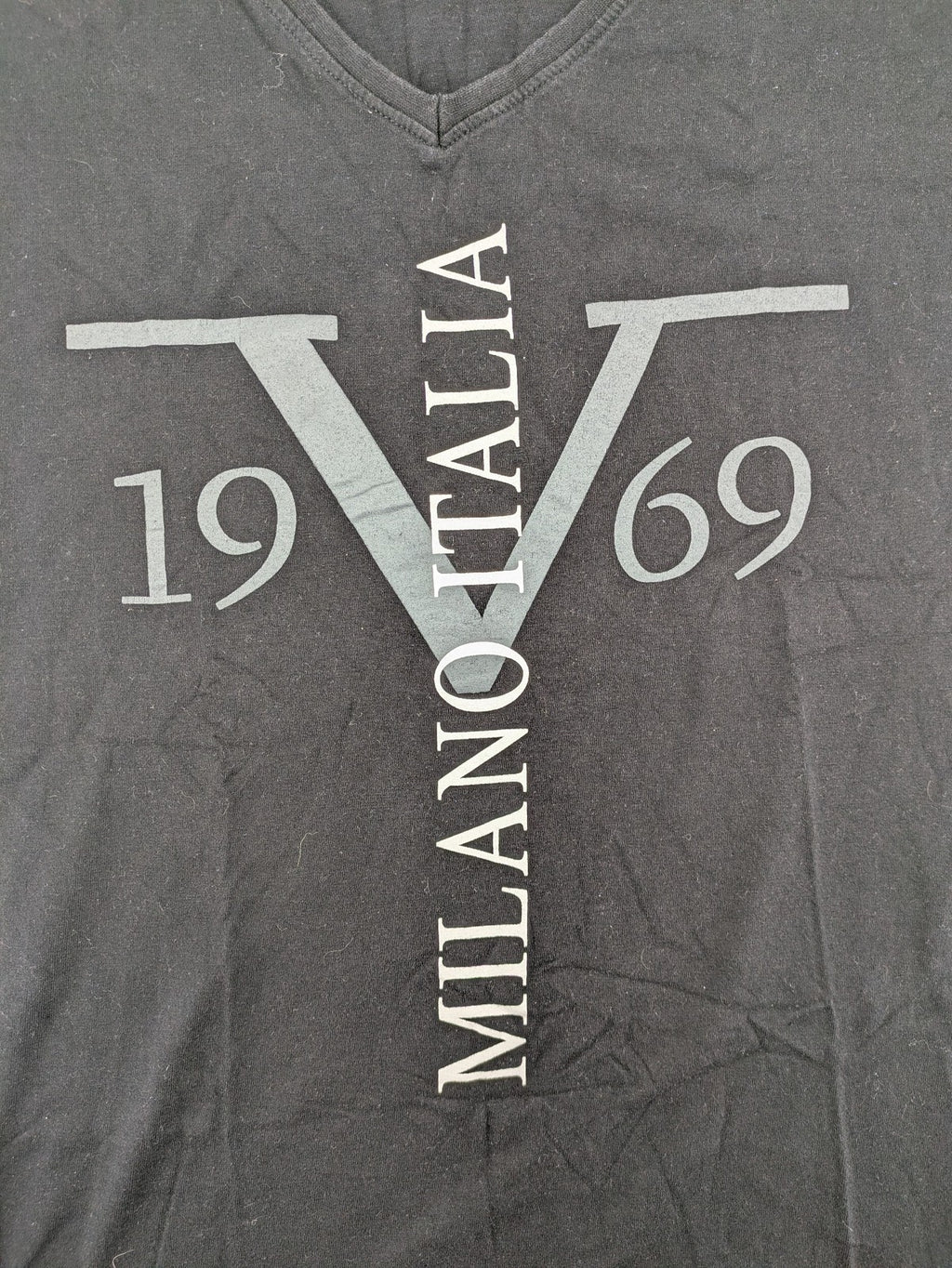 Versace 19.69 black short sleeve t-shirt with graphic logo print and V-neck design.