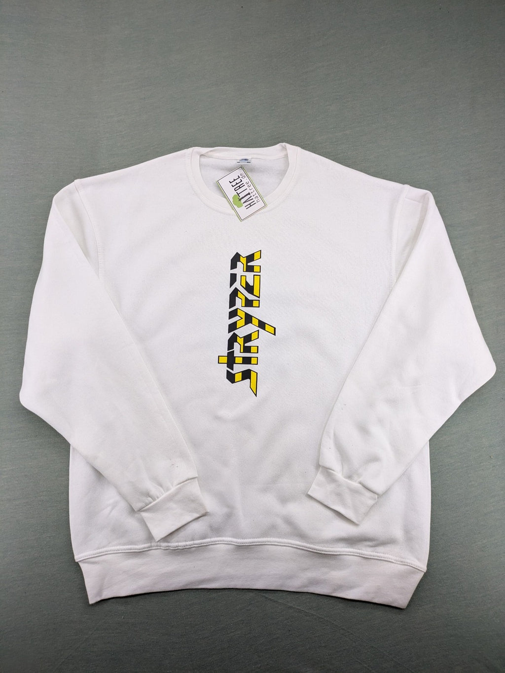 Stryper turtle neck jumper black with yellow vertical logo graphic on chest.