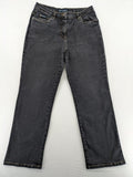 Bootcut grey low rise bootcut jeans five-pocket design with zipper and button closure.