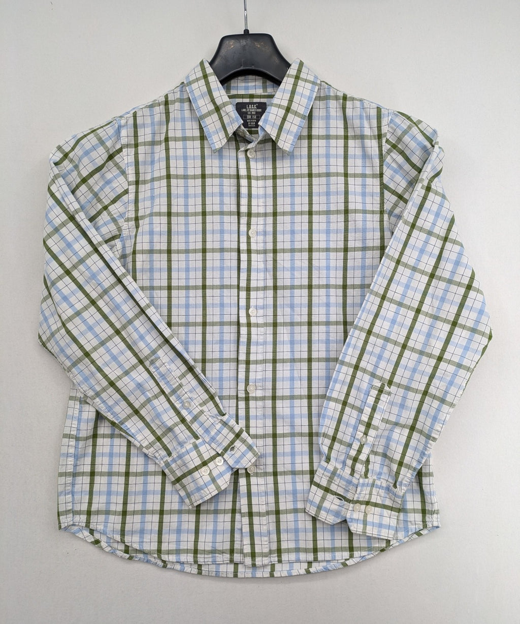 L.O.G.G green, blue, and white checked long-sleeve shirt with button placket and Kent collar.
