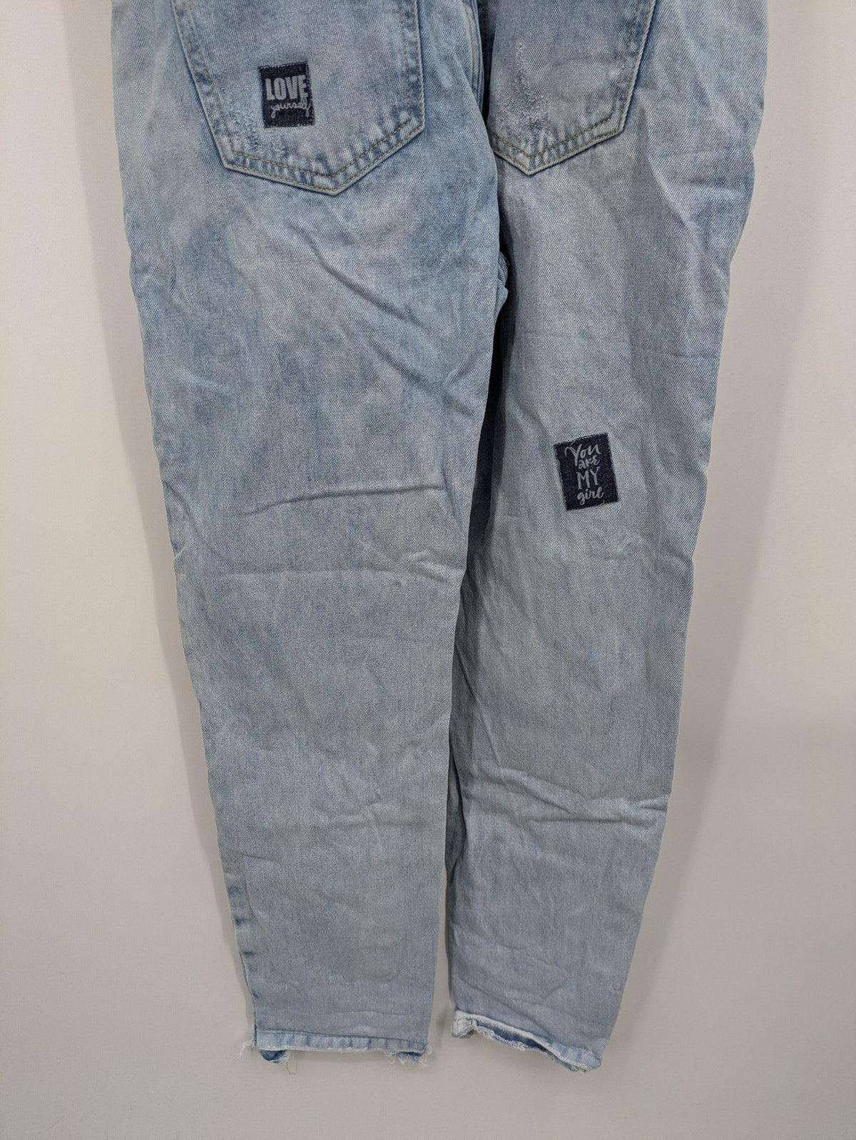 FB Sister blue straight jeans distressed patchwork design relaxed fit 100% cotton