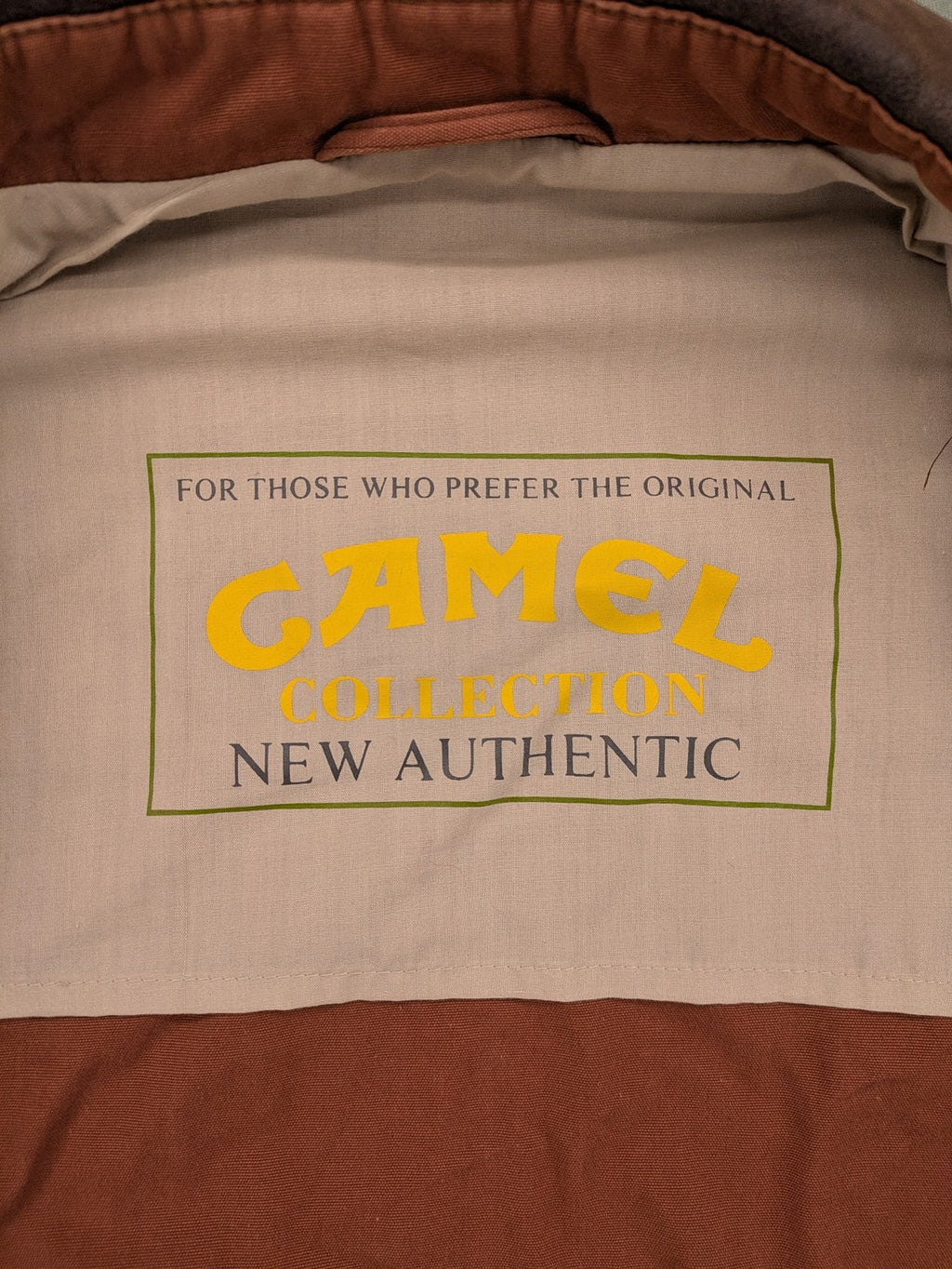 Camel Collection brown jacket with orange contrast collar and embroidered logo.
