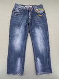 Y2K blue straight jeans with colorful logo embroidery and baggy fit.