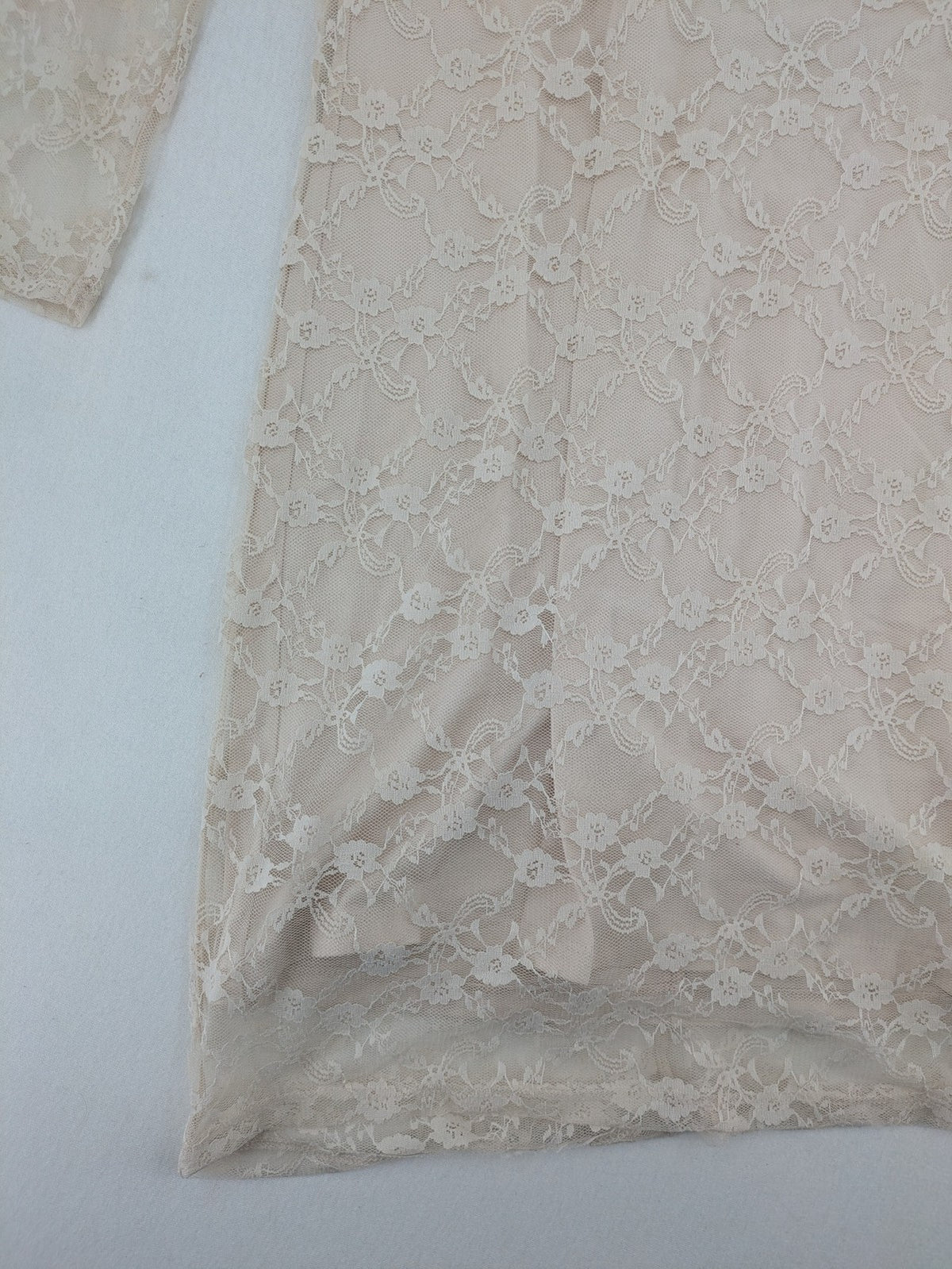 Divided H&M beige bodycon dress floral lace overlay 3/4 sleeves back zipper