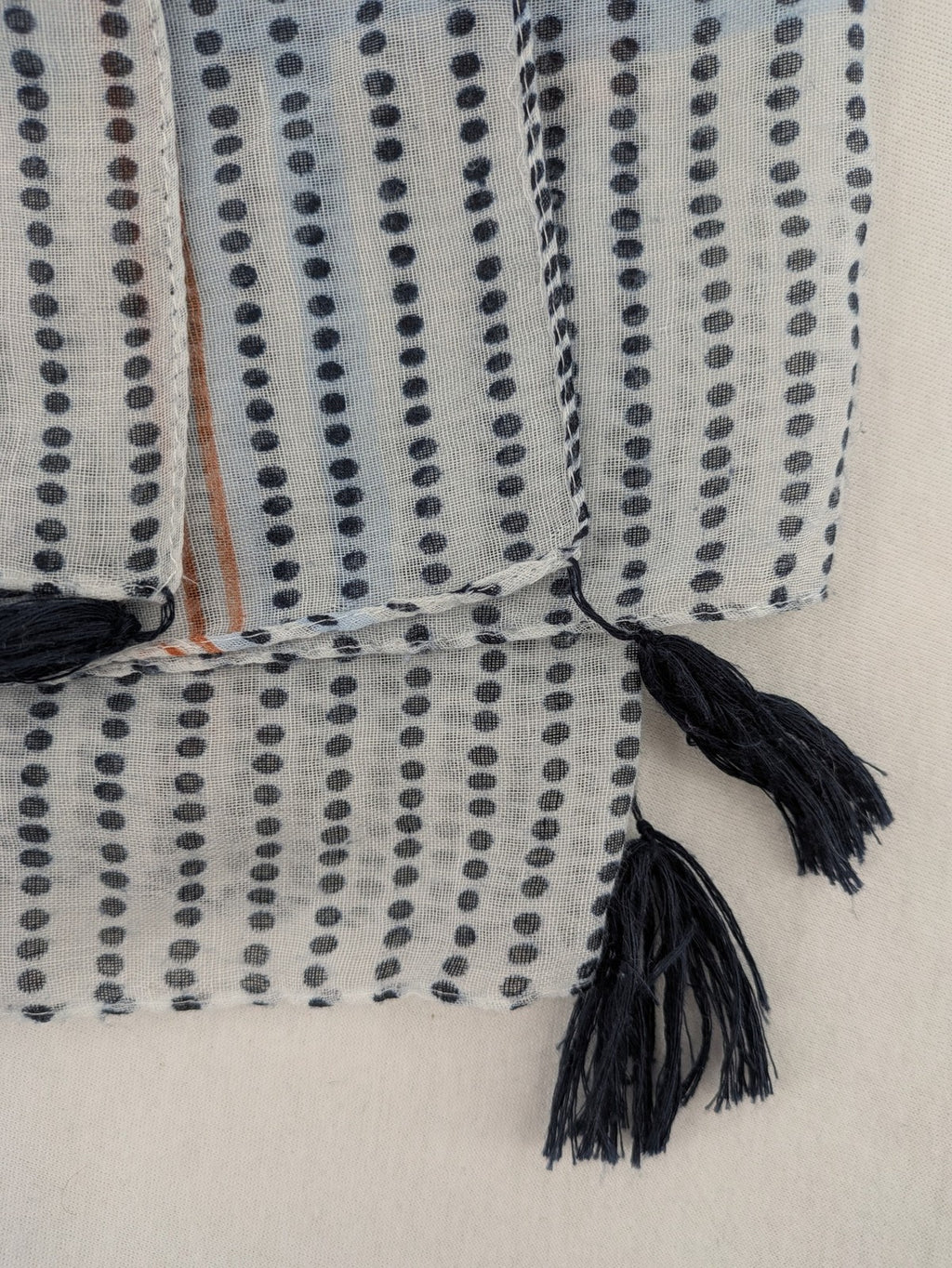 Gerry Weber multi scarf dark blue and white polka dots and stripes with tassels.