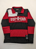 Huge Fashion Exchange rugby polo shirt red and black striped with "SUPERB" graphic.