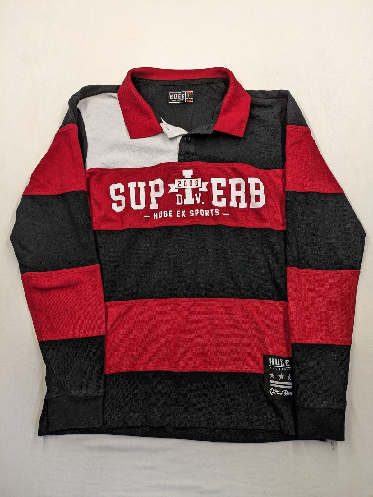 Huge Fashion Exchange rugby polo shirt red and black striped with "SUPERB" graphic.