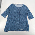 Ulla Popken blue tunic top with light blue polka dots and A-line cut.