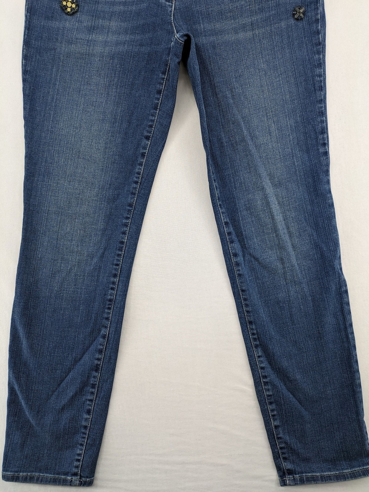 Gerry Weber blue straight jeans with decorative rhinestone appliqués and stretch denim material.