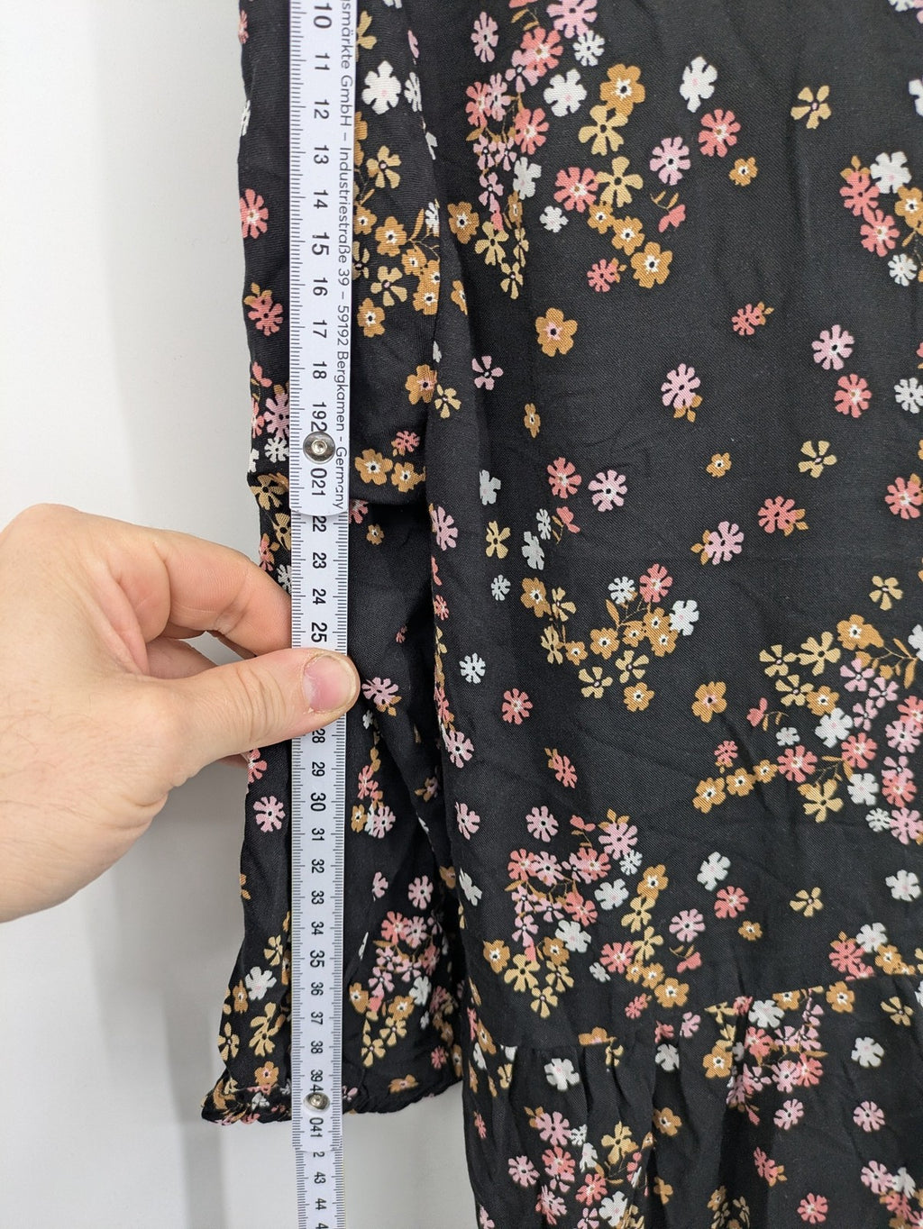 Janina women's A-line dress multi floral print on black, V-neck, 3/4 sleeves, lightweight viscose.