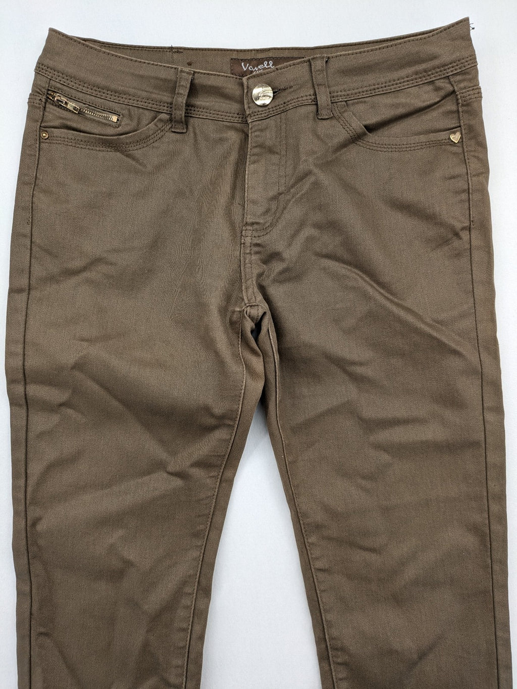 Vavell khaki skinny jeans five-pocket design with unique front zipper detail.